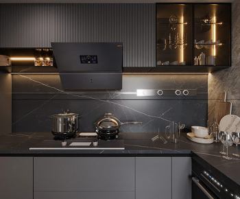 全景-现代高级灰厨房3D模型