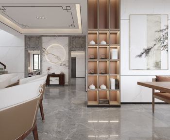 全景-新中式别墅餐厅茶室+客厅+玄关过道3D模型