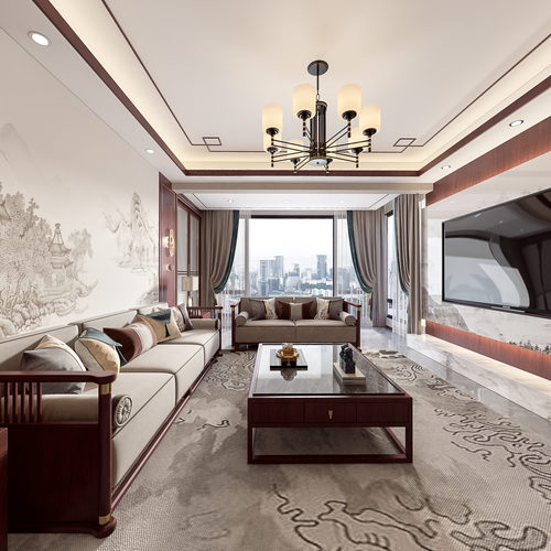 New Chinese Style A Living Room-ID:884162909