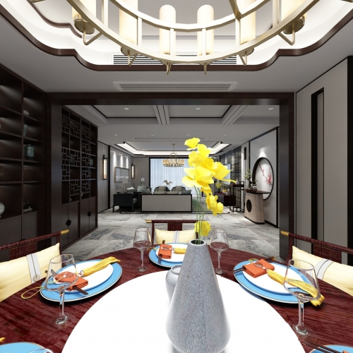 多全景-新中式客厅+餐厅+衣帽间+玄关过道-ID:868014616