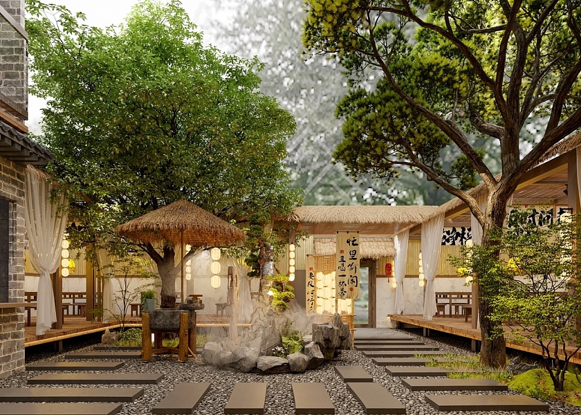 新中式休闲景观餐厅庭院-2673161
