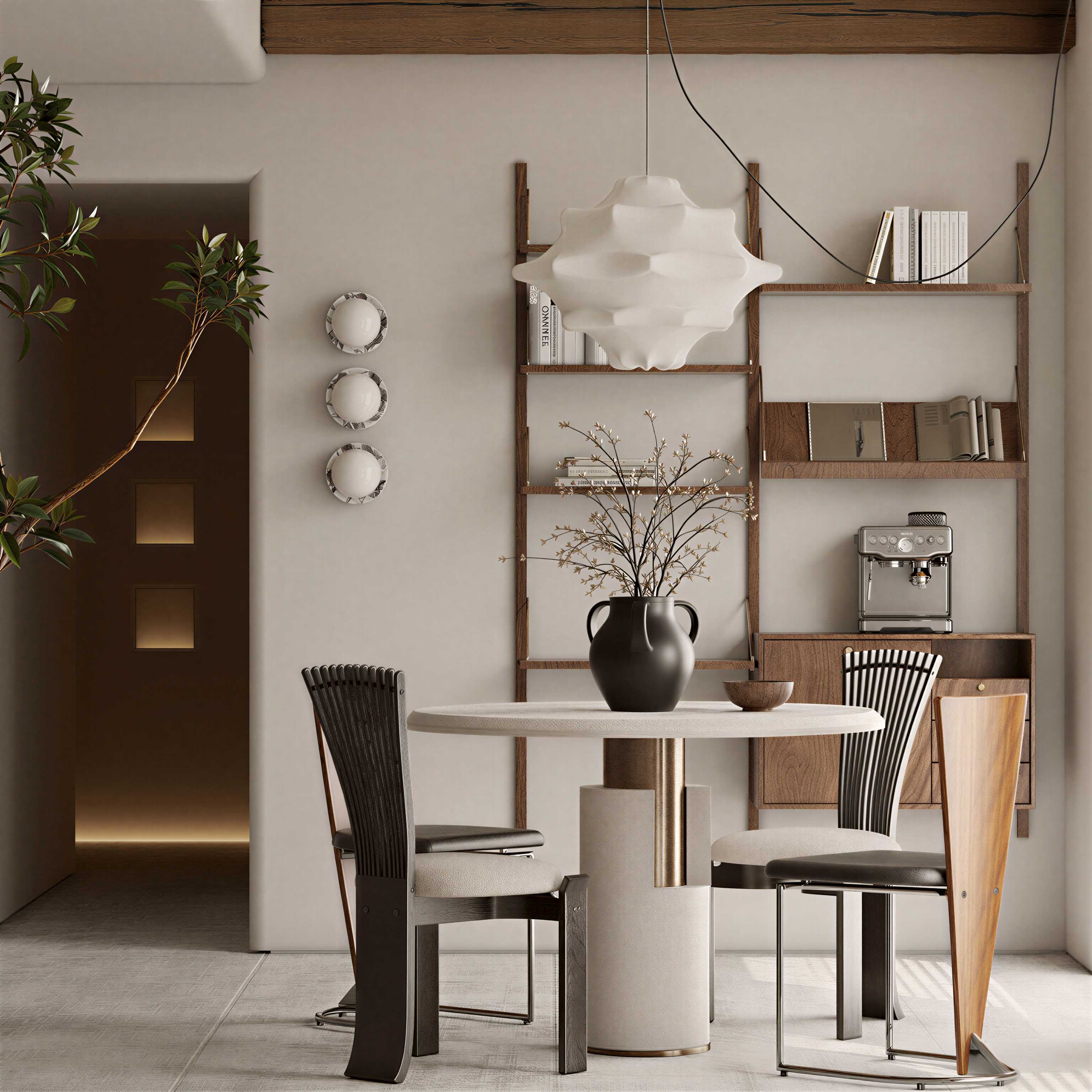 现代中古风圆形餐桌椅组合-2855100