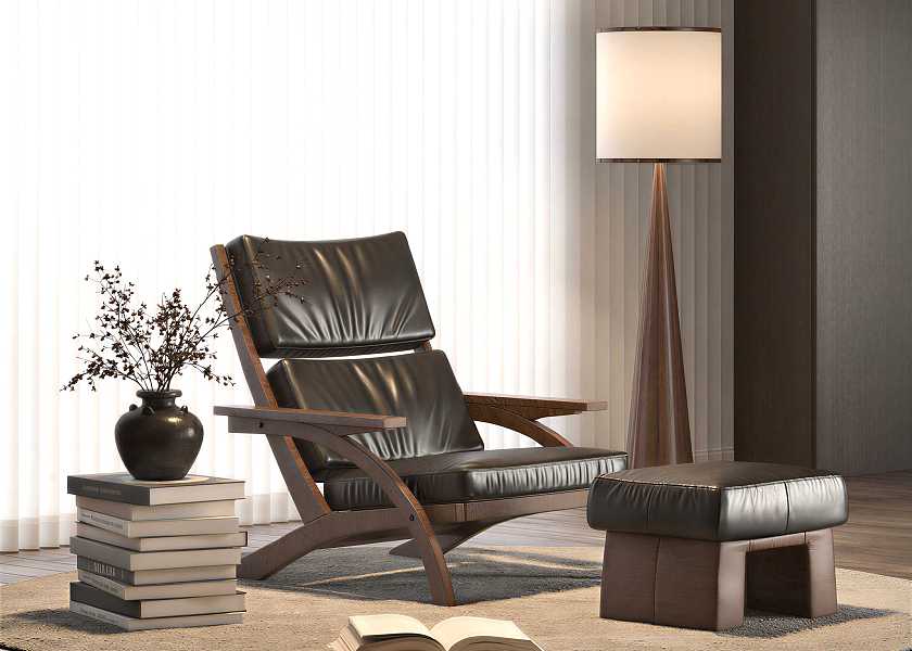 现代中古风休闲椅边几组合-3095442